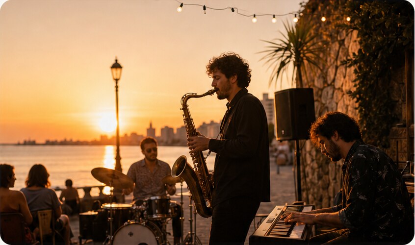 Personas disfrutando música al atardecer